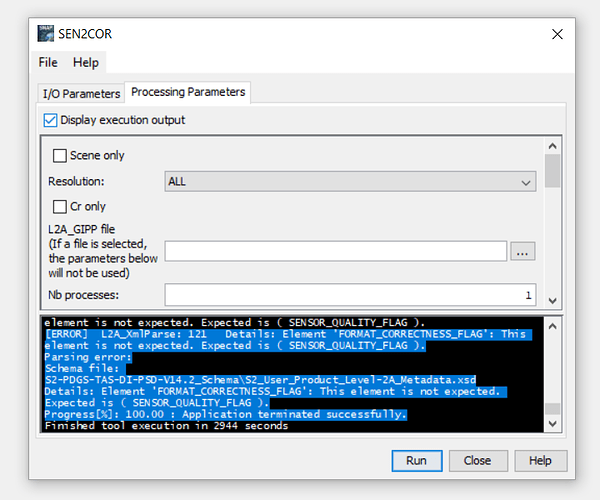 sen2cor error but app terminated succesfully