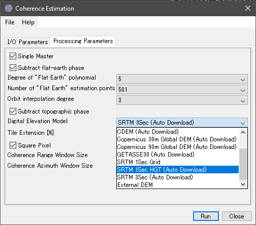SNAP coherence SRTM options